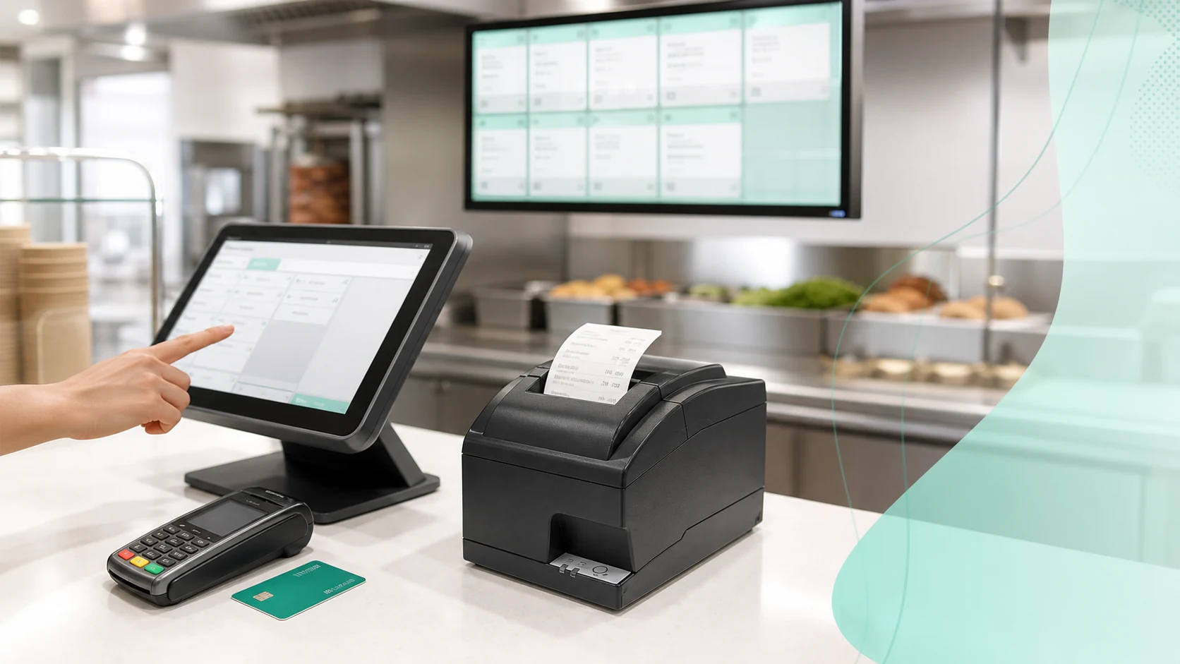 Quick-serve restaurant POS with kitchen screen and kitchen printer