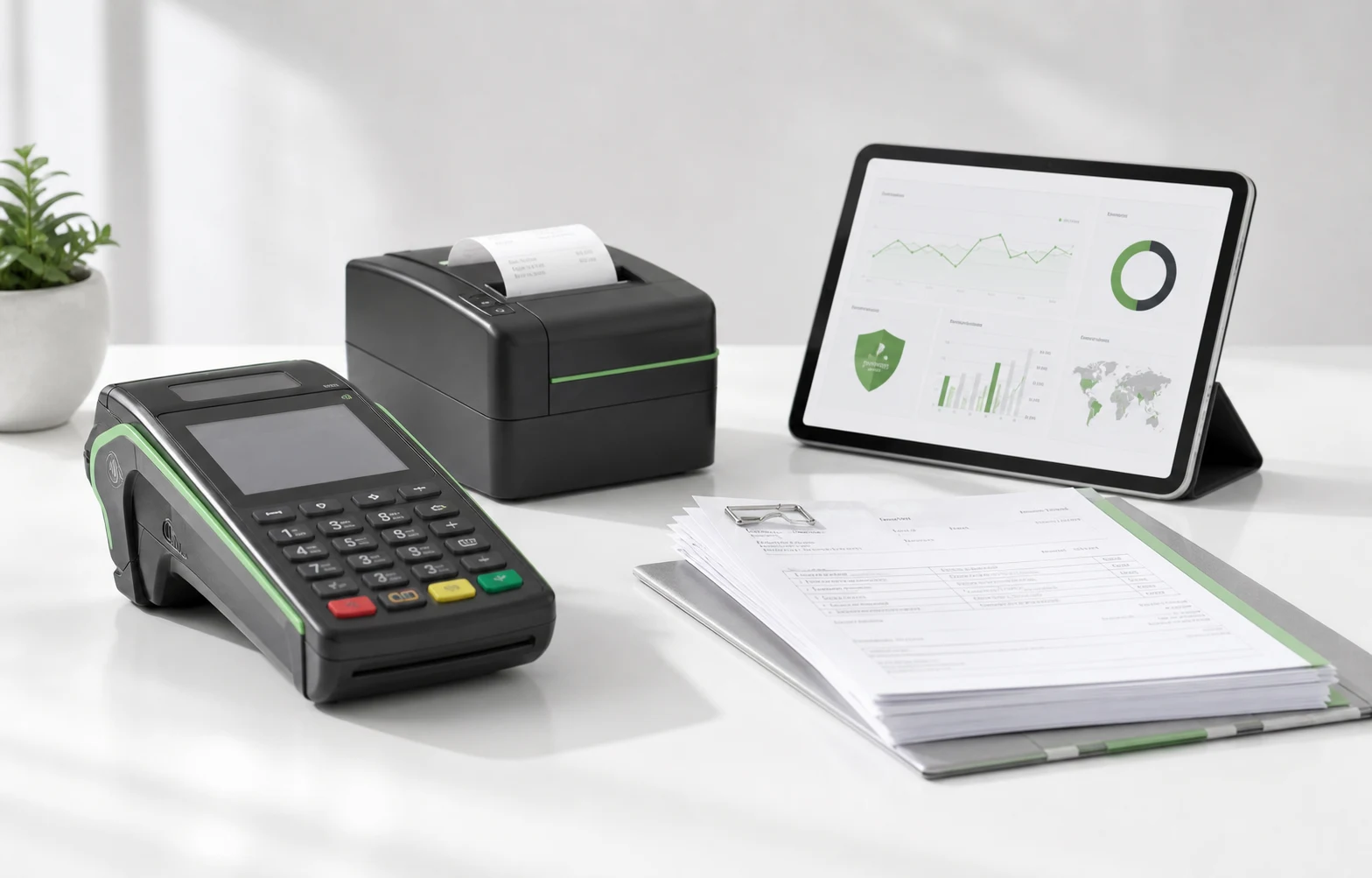 Payment terminal, receipt printer, underwriting documents, and transaction-risk dashboard